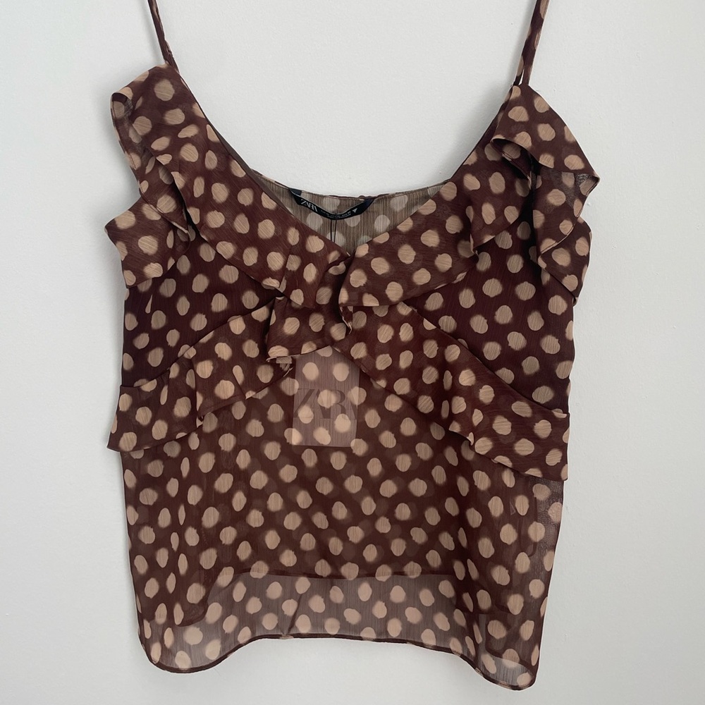 Zara - Flowy Polka Dot Print Ruffle Cami Tank Top Size XL Brown and Cream - Picture 6 of 12